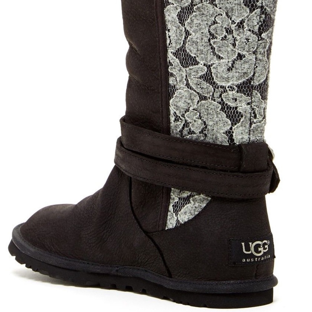 UGG Marielle Black Leather Lace Tall Buckle Boots
